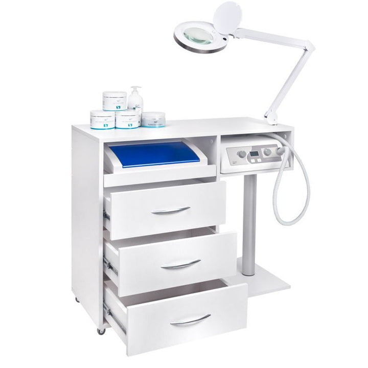 Kit de Pedicura Profesional Y-300 con Carro, Torno para Uñas, Lámpara Lupa y Aparato UV-C